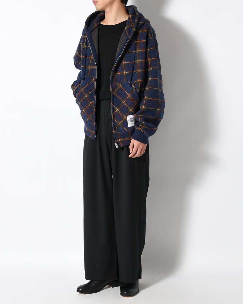 BRUSHED CHECK ZIP-UP HOODIE -NAVY-