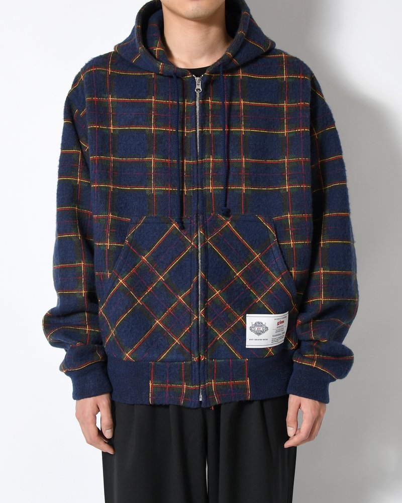 BRUSHED CHECK ZIP-UP HOODIE -NAVY-