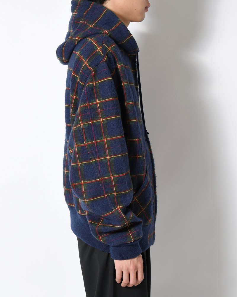 BRUSHED CHECK ZIP-UP HOODIE -NAVY-