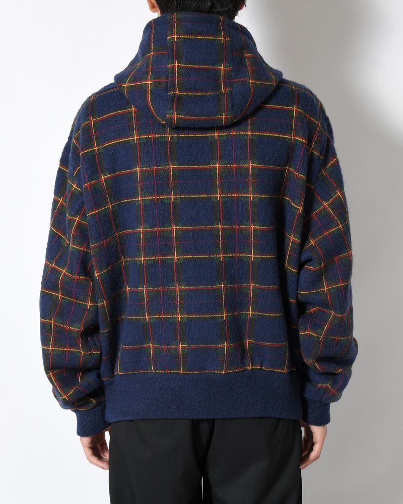 BRUSHED CHECK ZIP-UP HOODIE -NAVY-