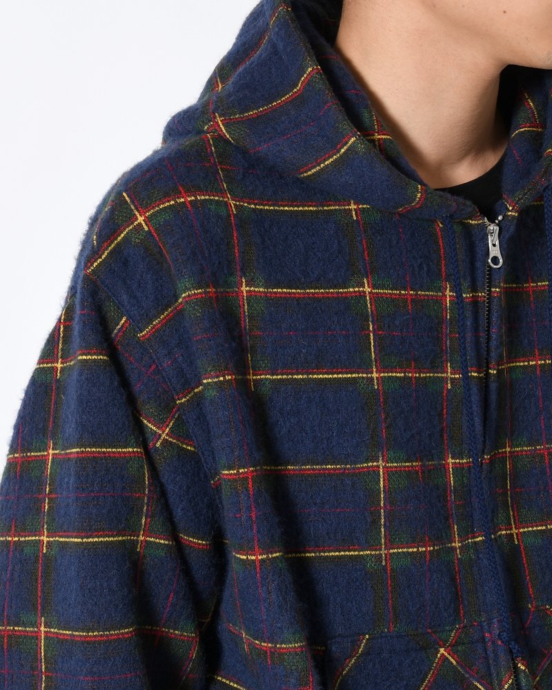 BRUSHED CHECK ZIP-UP HOODIE -NAVY-