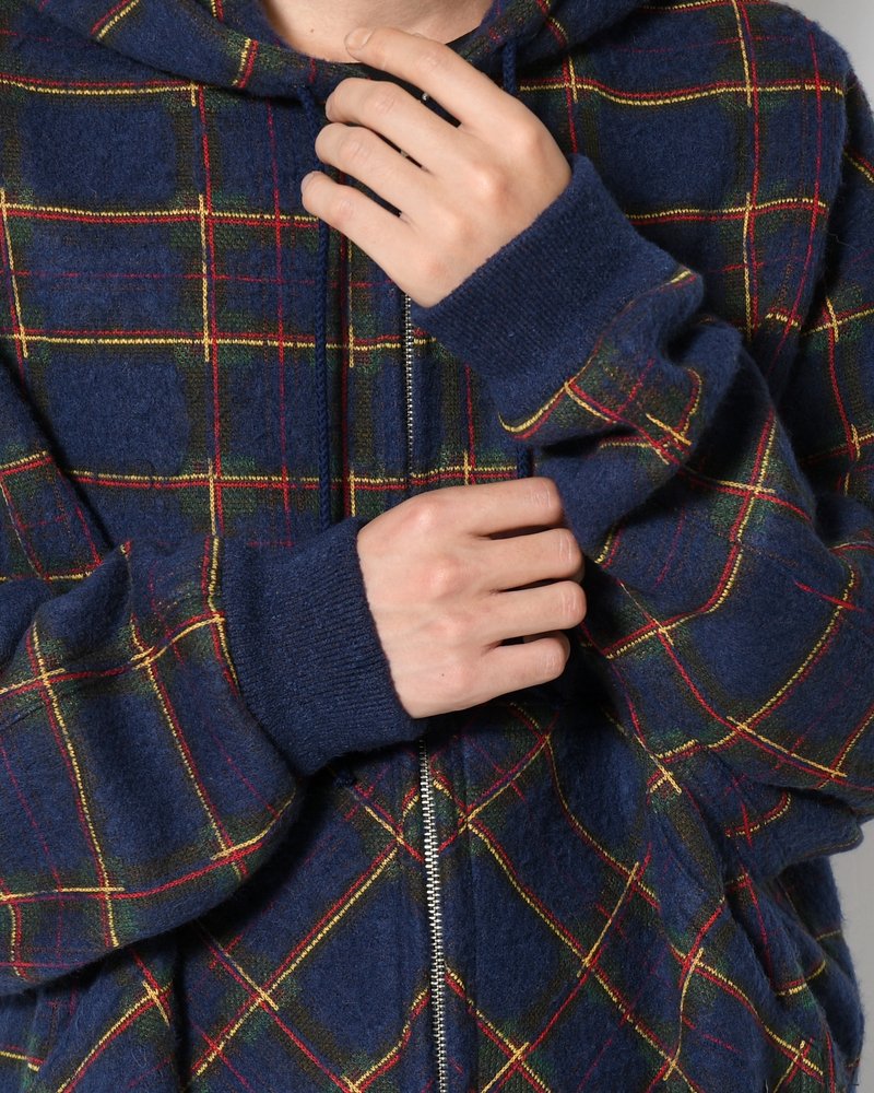 BRUSHED CHECK ZIP-UP HOODIE -NAVY-