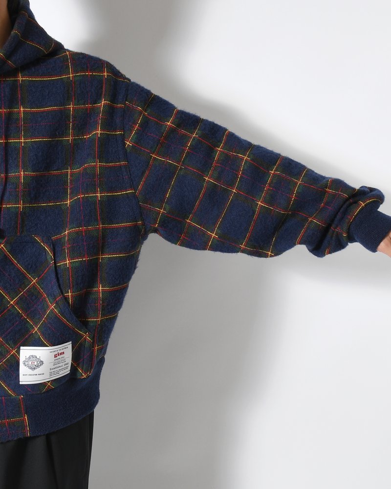 BRUSHED CHECK ZIP-UP HOODIE -NAVY-