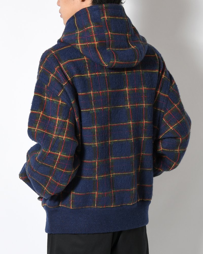 BRUSHED CHECK ZIP-UP HOODIE -NAVY-
