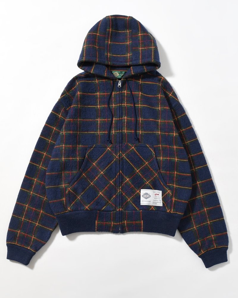 BRUSHED CHECK ZIP-UP HOODIE -NAVY-