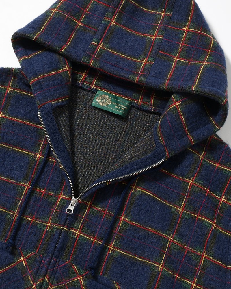 BRUSHED CHECK ZIP-UP HOODIE -NAVY-