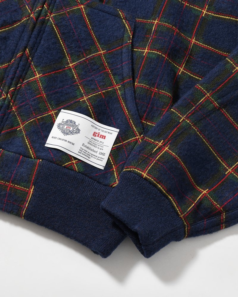 BRUSHED CHECK ZIP-UP HOODIE -NAVY-