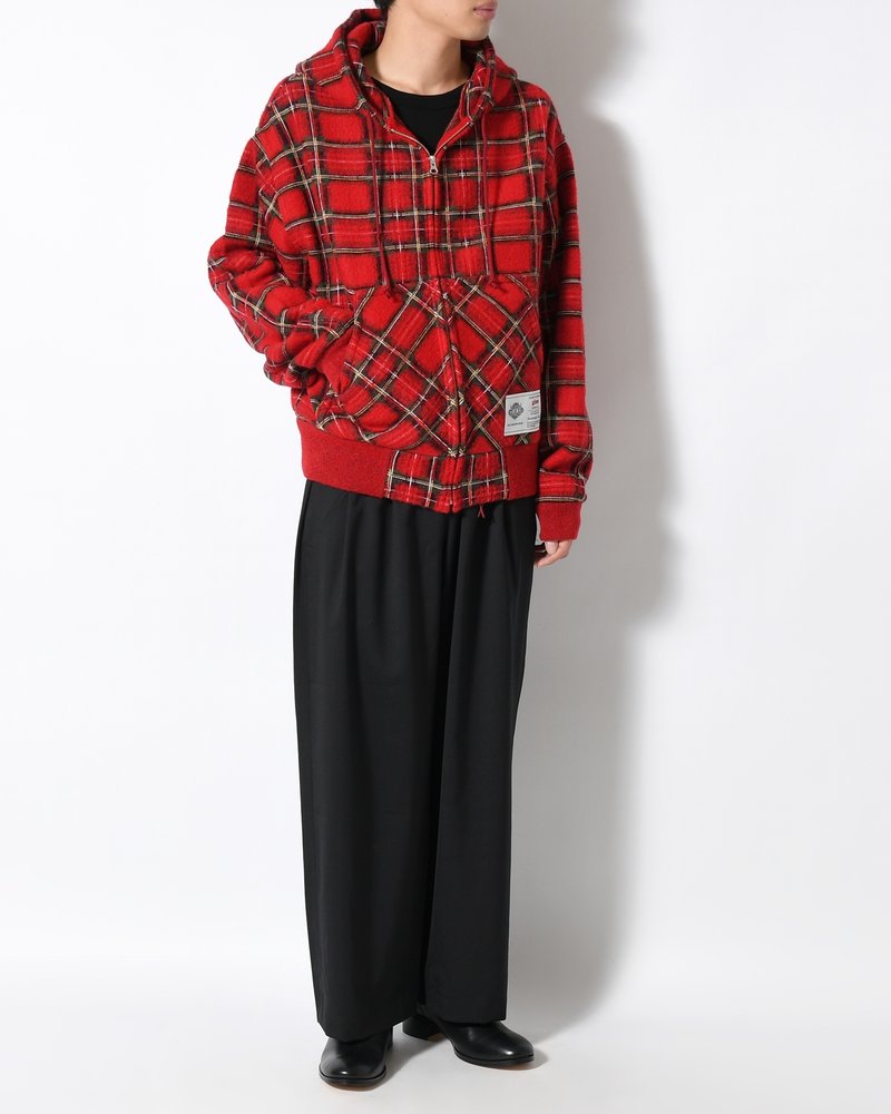 BRUSHED CHECK ZIP-UP HOODIE -RED-