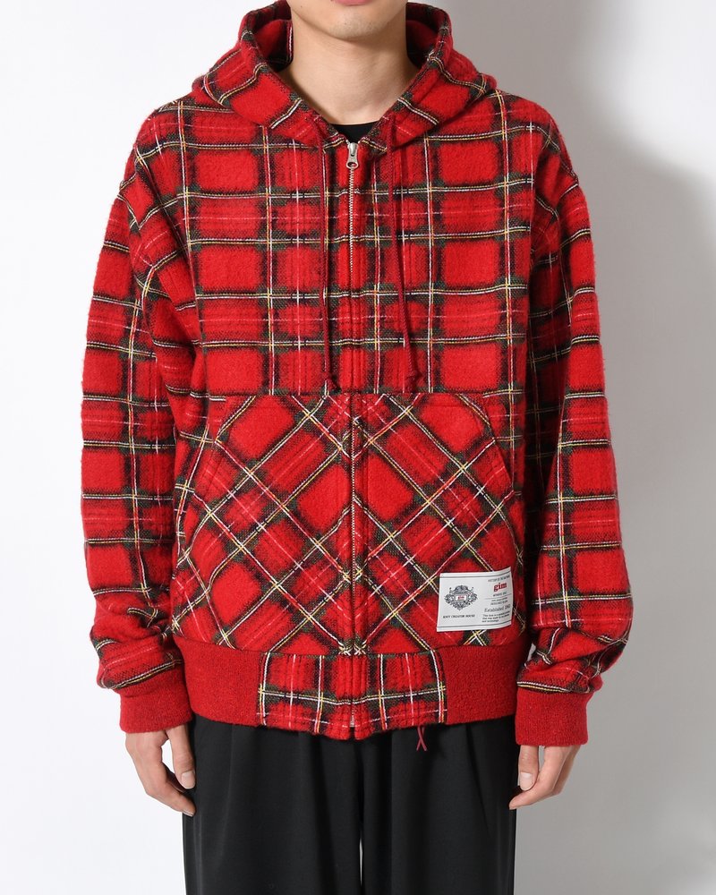 BRUSHED CHECK ZIP-UP HOODIE -RED-