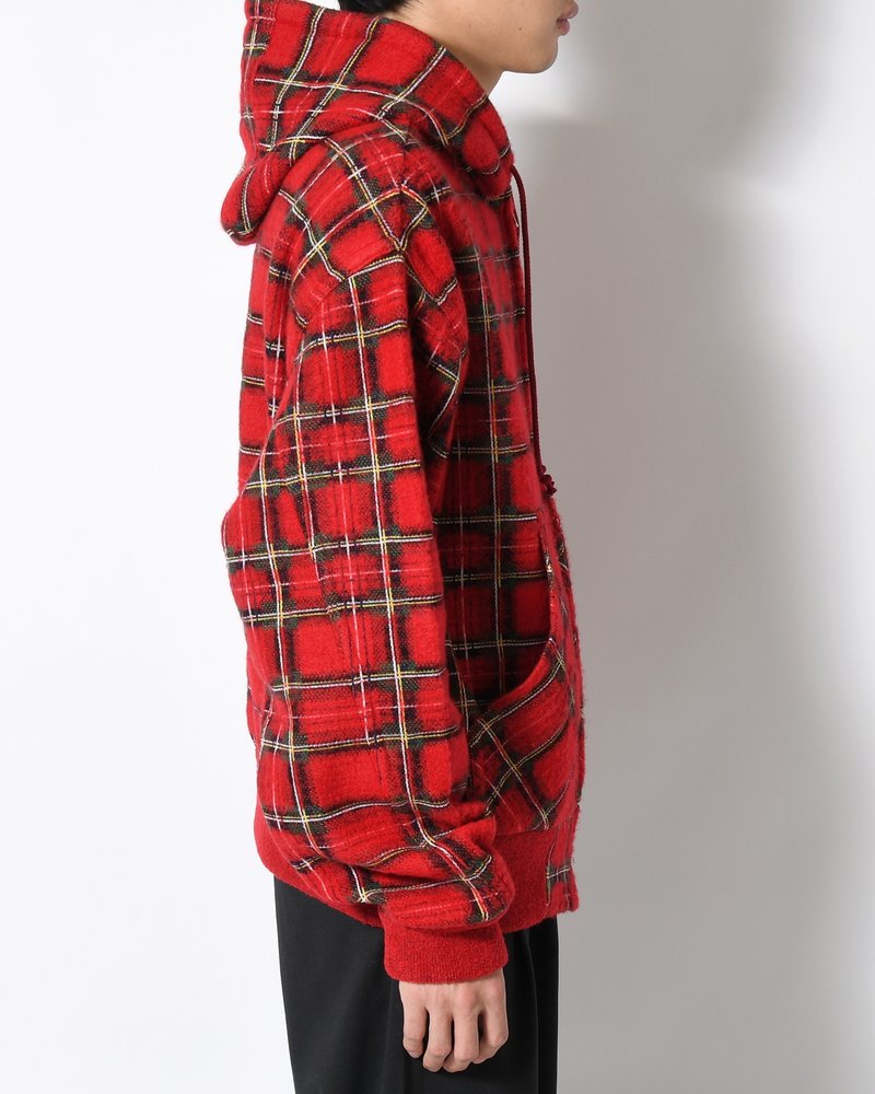 BRUSHED CHECK ZIP-UP HOODIE -RED-