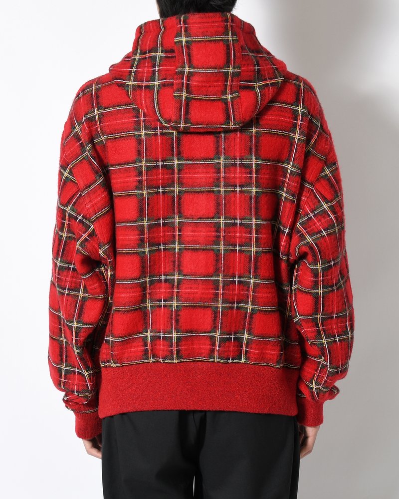 BRUSHED CHECK ZIP-UP HOODIE -RED-