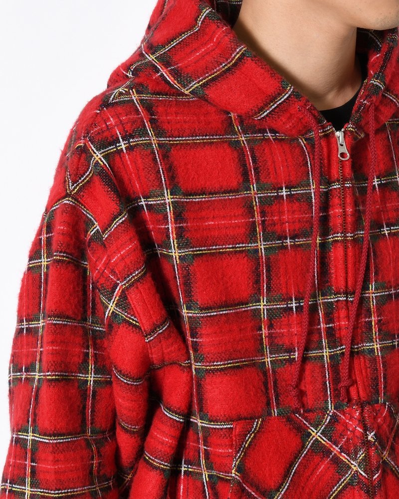 BRUSHED CHECK ZIP-UP HOODIE -RED-