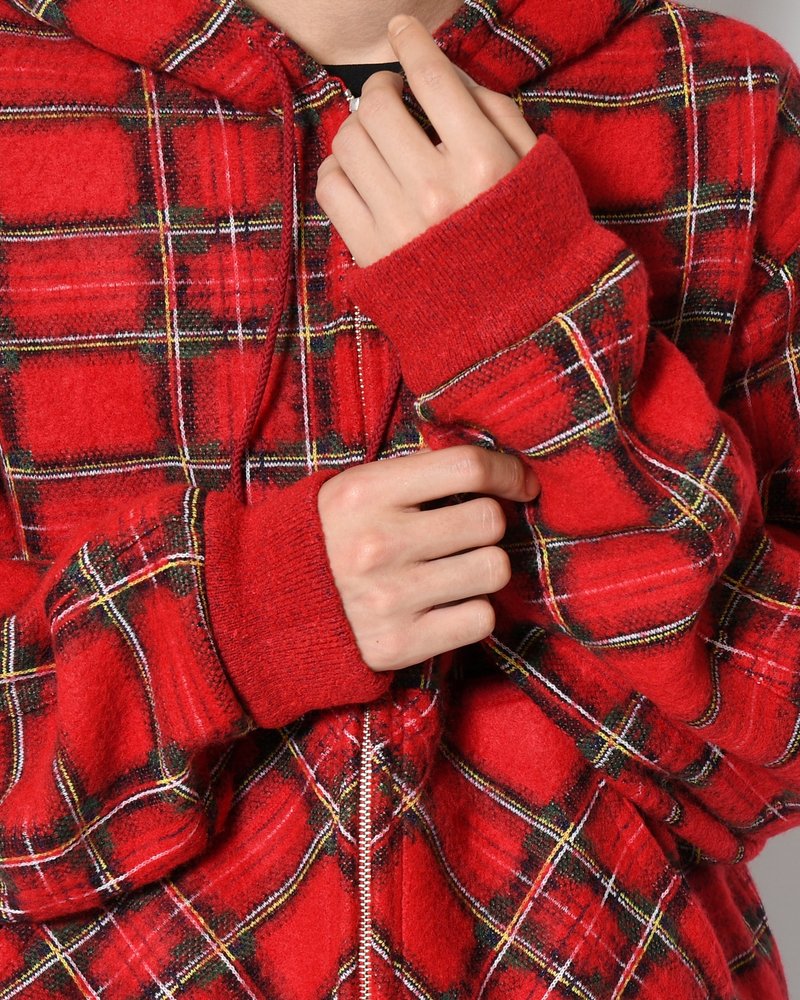 BRUSHED CHECK ZIP-UP HOODIE -RED-