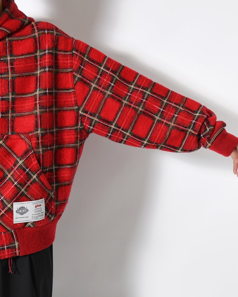 BRUSHED CHECK ZIP-UP HOODIE -RED-