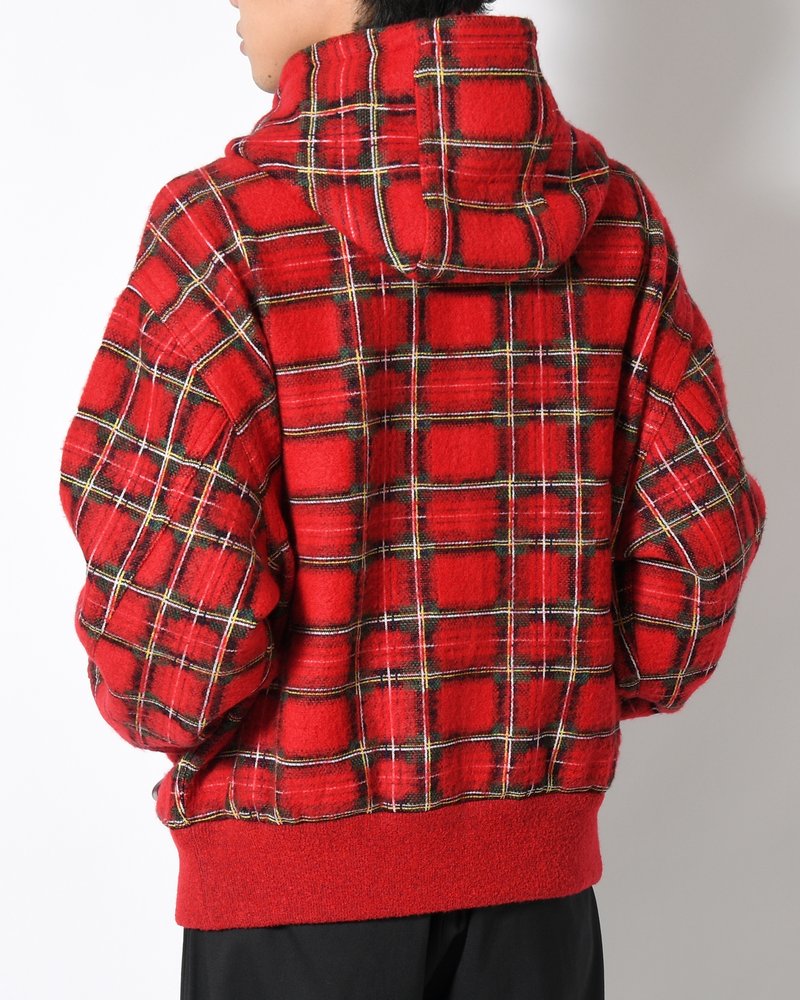 BRUSHED CHECK ZIP-UP HOODIE -RED-