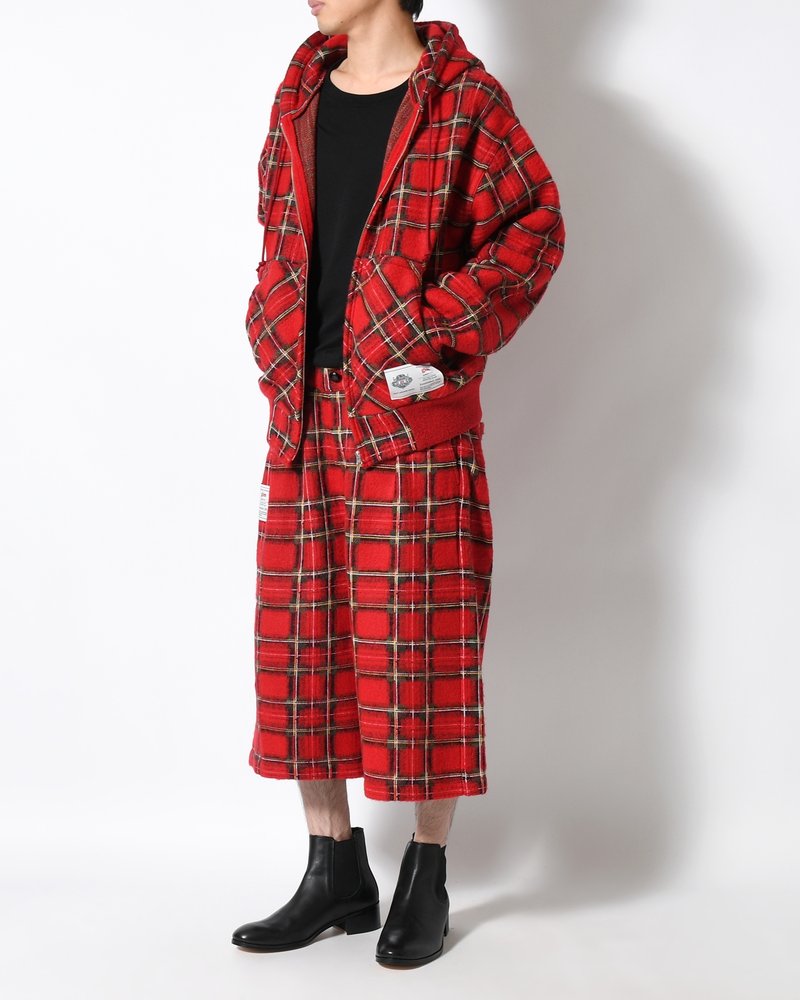 BRUSHED CHECK ZIP-UP HOODIE -RED-