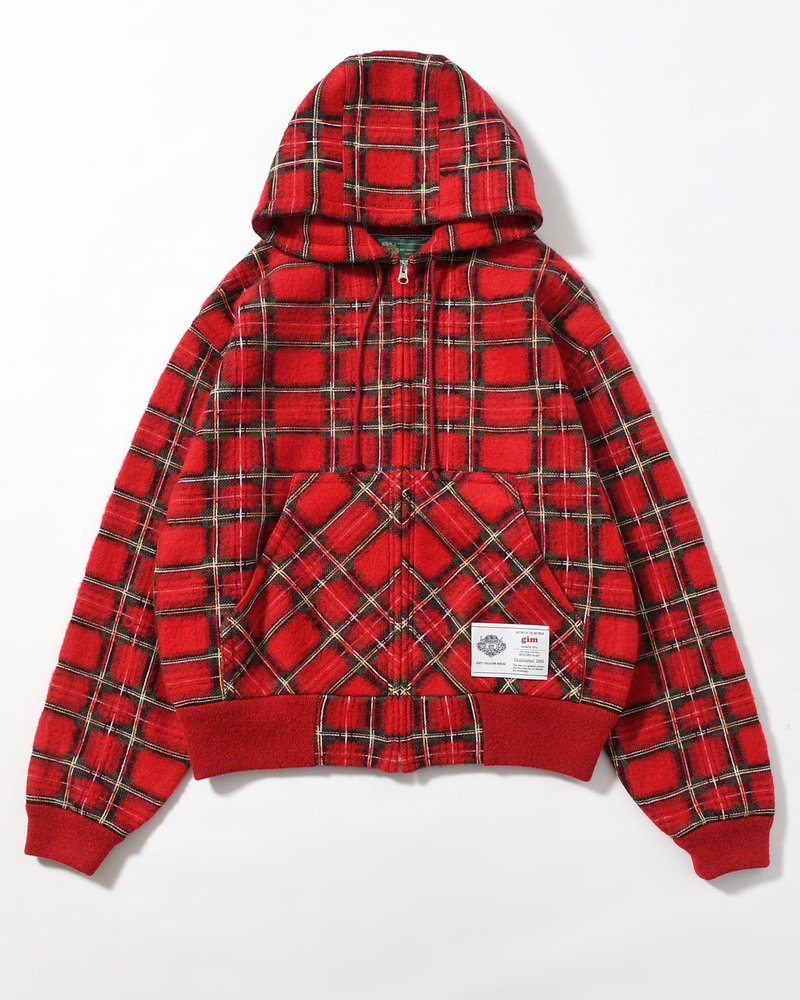 BRUSHED CHECK ZIP-UP HOODIE -RED-