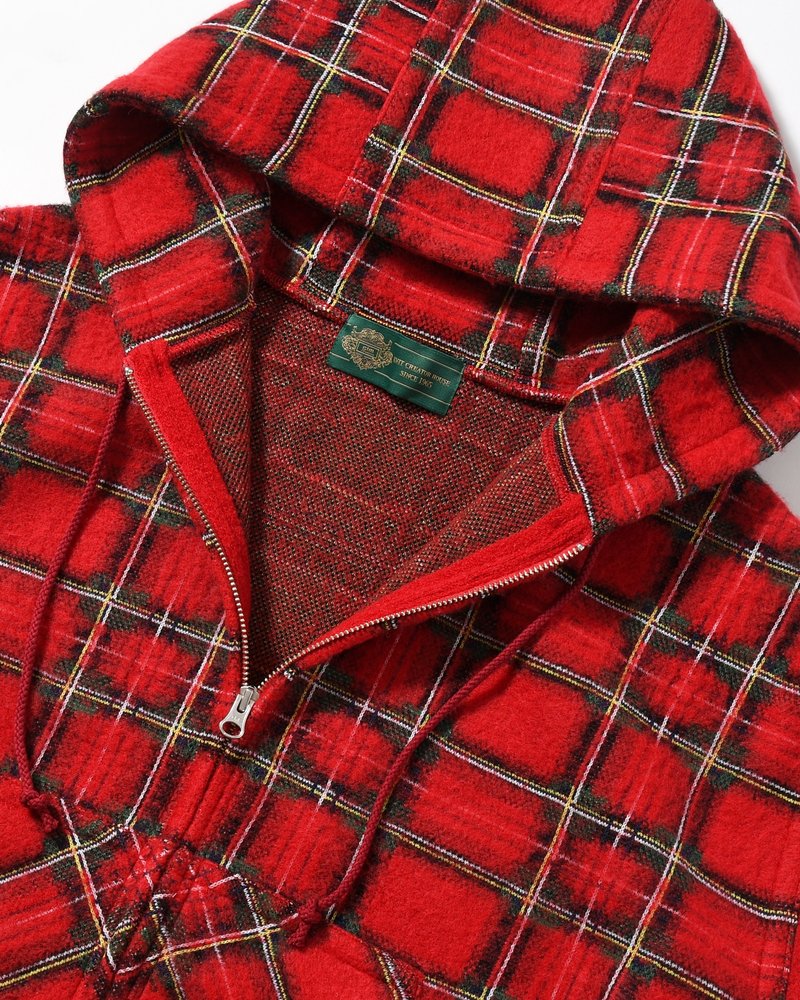 BRUSHED CHECK ZIP-UP HOODIE -RED-