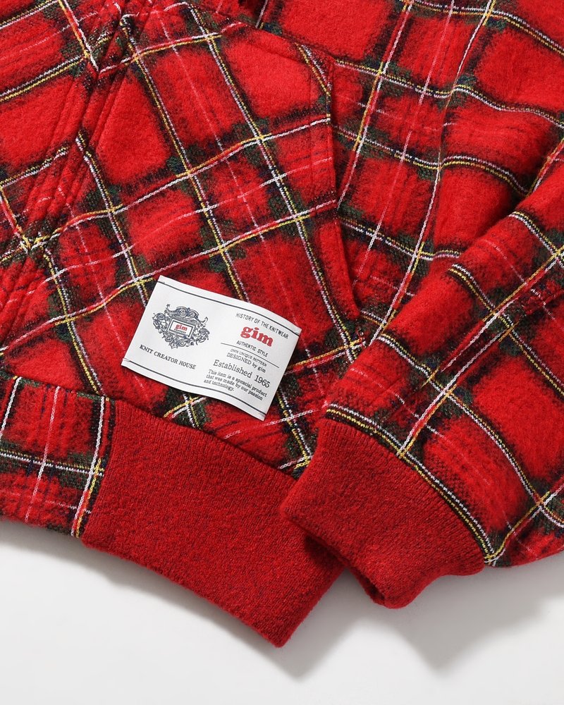 BRUSHED CHECK ZIP-UP HOODIE -RED-