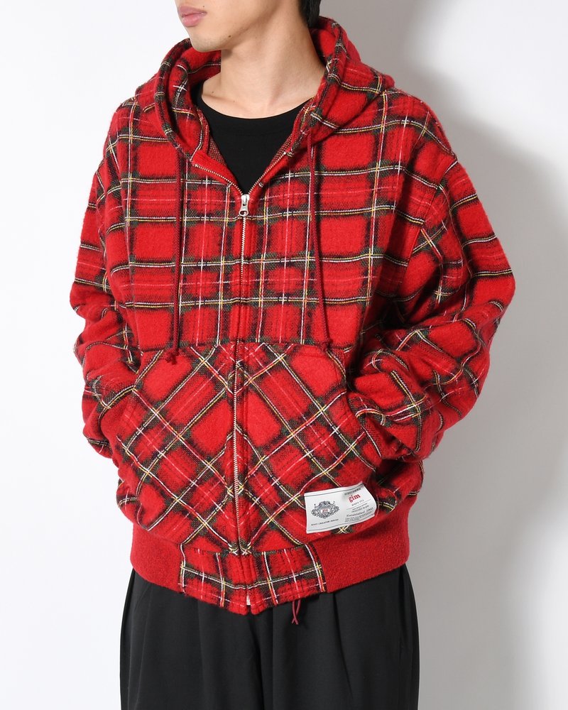 BRUSHED CHECK ZIP-UP HOODIE -RED-