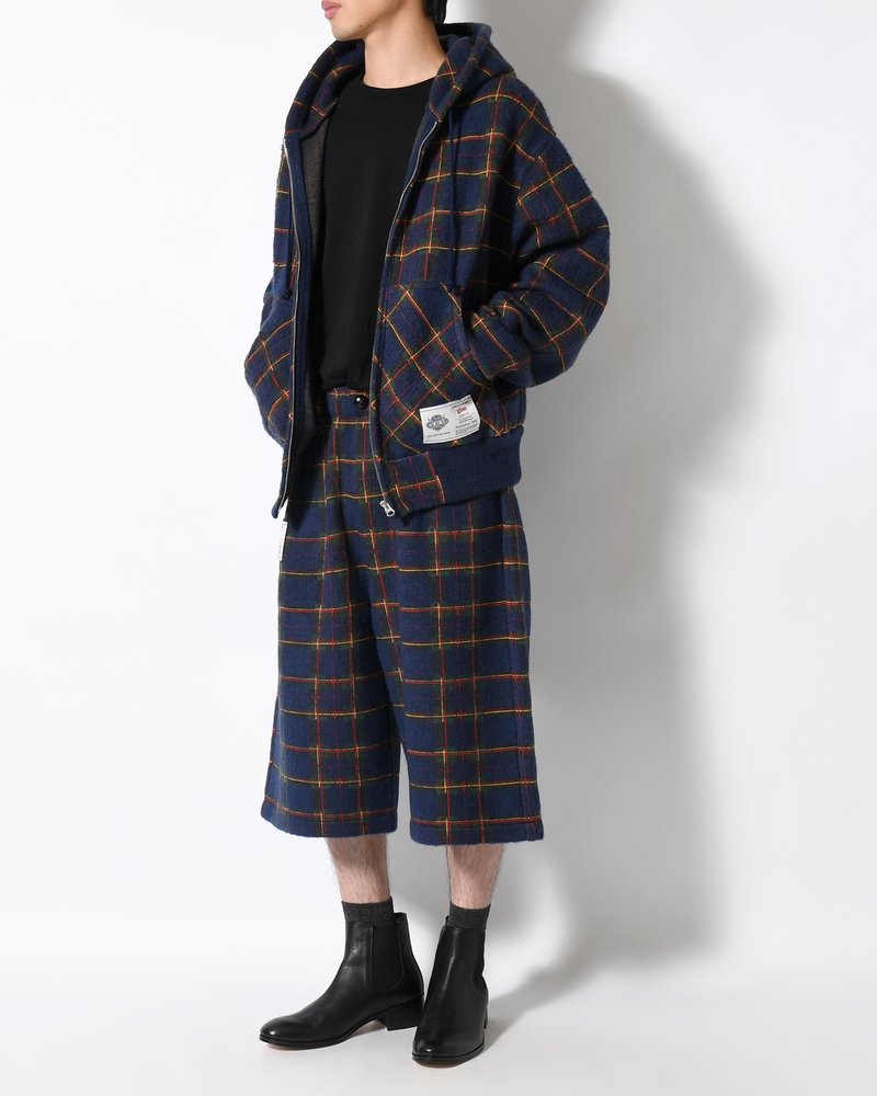 BRUSHED CHECK CROPPED PANTS -NAVY-
