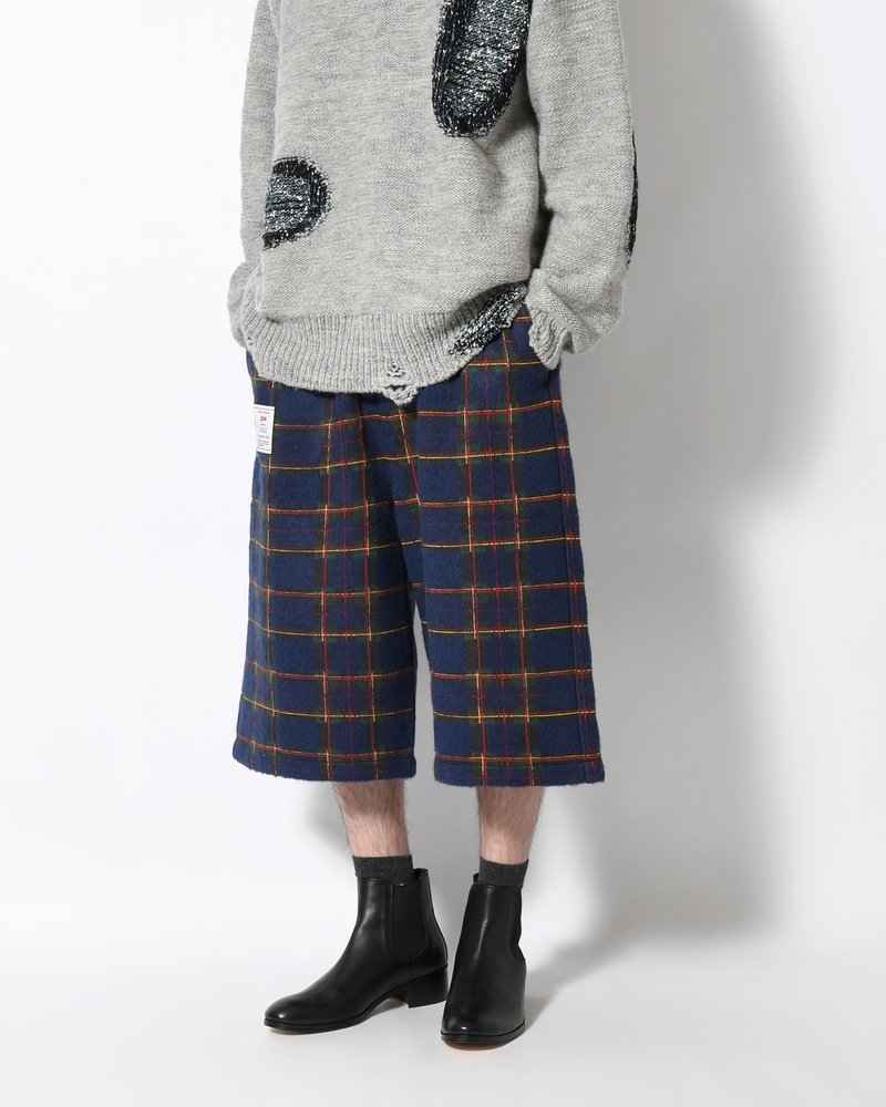 BRUSHED CHECK CROPPED PANTS -NAVY-