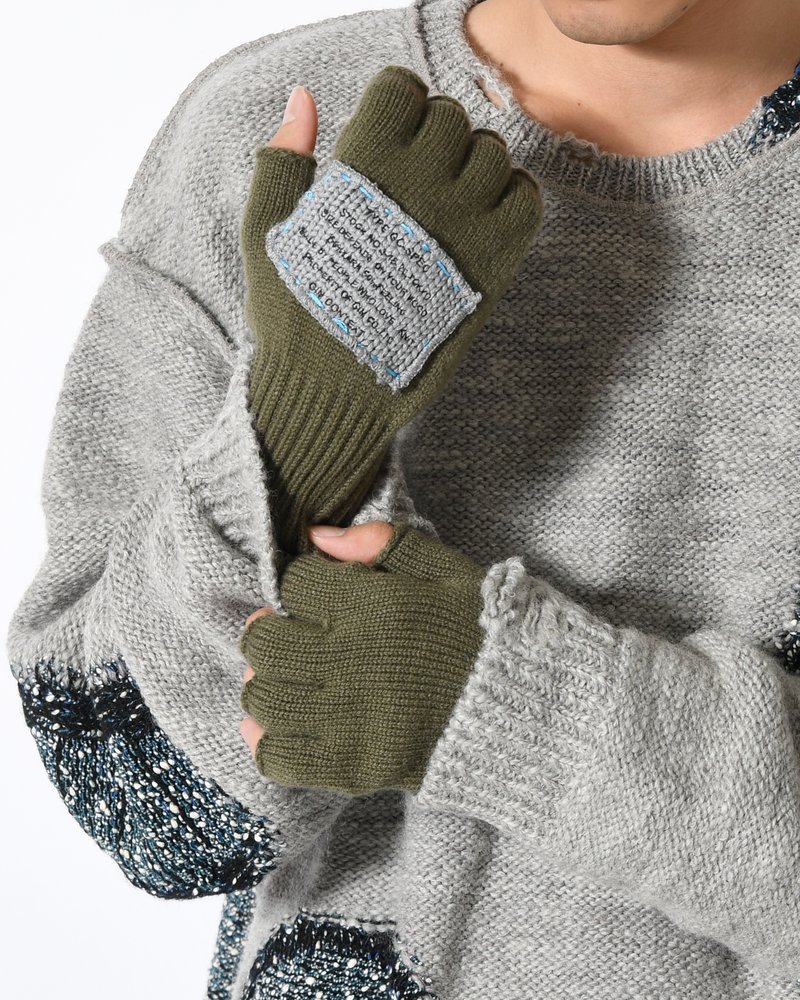 FINGERLESS CASHMERE KNIT GLOVE -KHAKI-