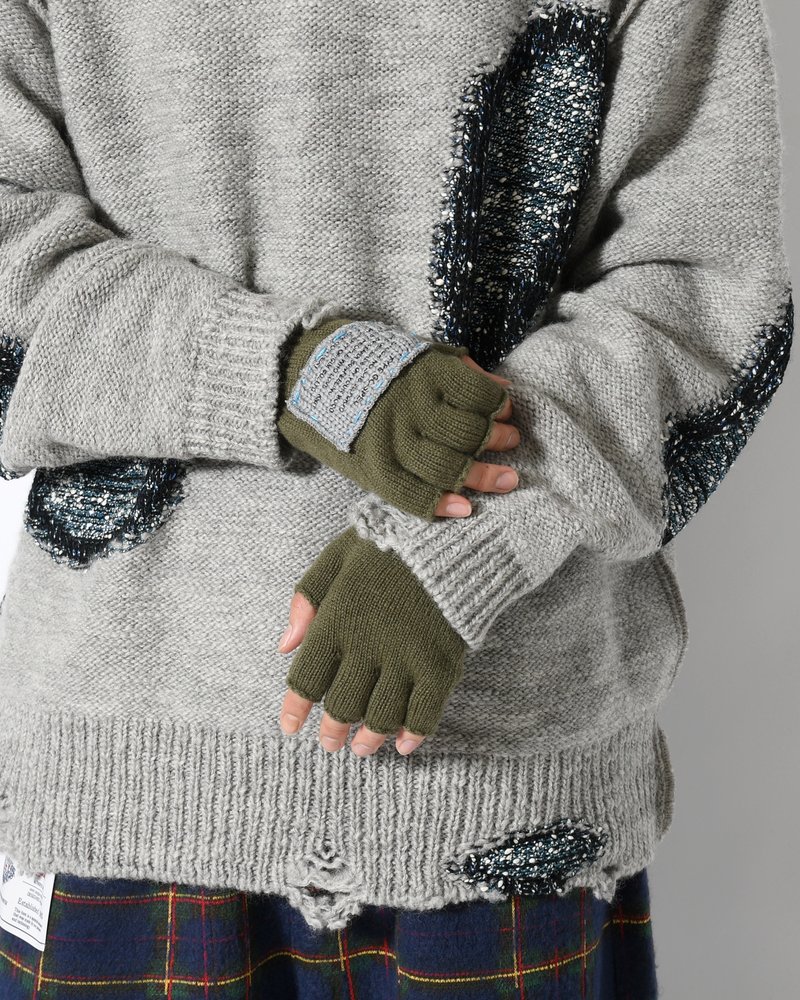 FINGERLESS CASHMERE KNIT GLOVE -KHAKI-