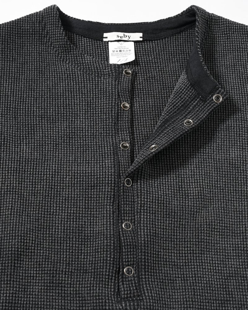 WAFFLE HENRY NECK SHIRTS Pigment Stone Wash -RUST BLACK-