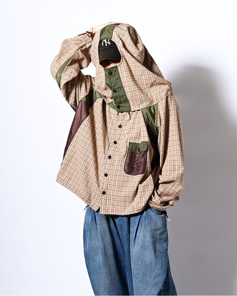 CHECKED SMOCK SHIRT -BROWN-