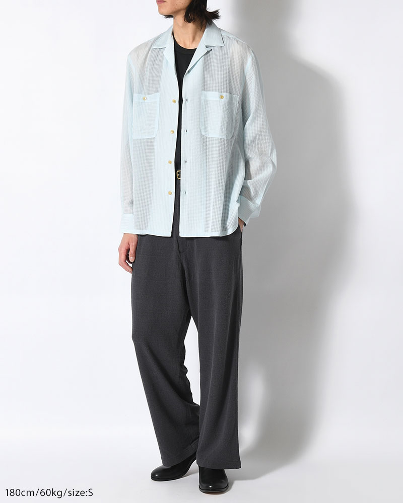 SHEER OPEN COLLAR SHIRTS L/S -Gingham Check Indian fabric- -BLUE-