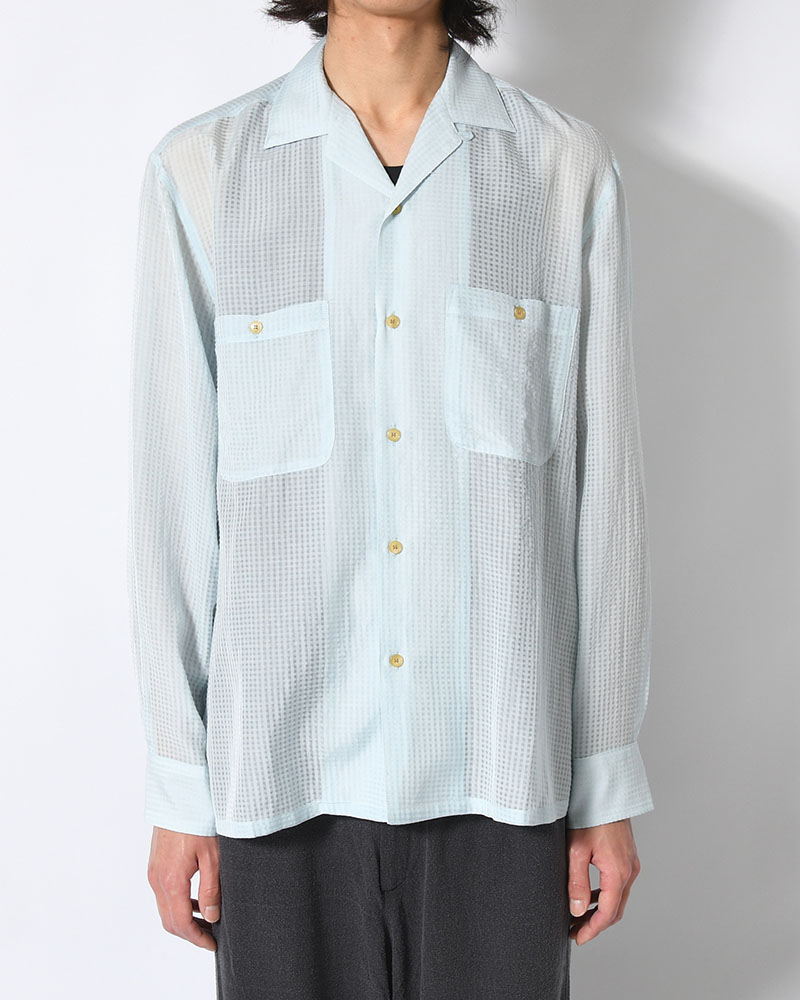 SHEER OPEN COLLAR SHIRTS L/S -Gingham Check Indian fabric- -BLUE-