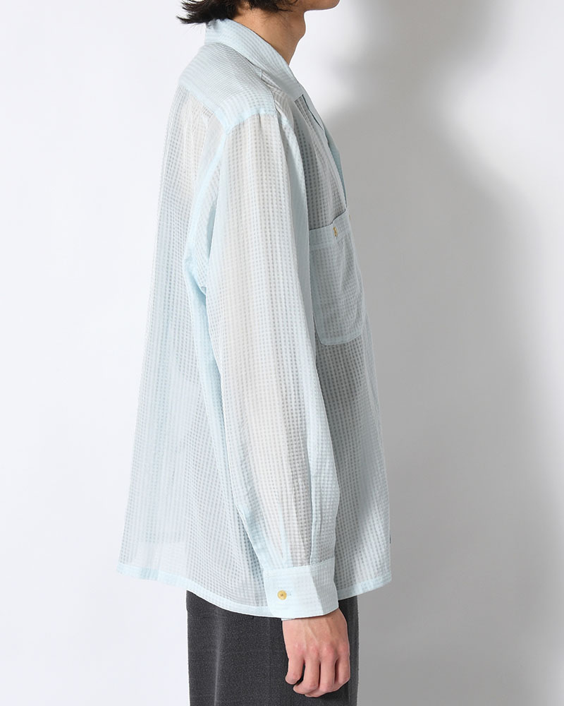 SHEER OPEN COLLAR SHIRTS L/S -Gingham Check Indian fabric- -BLUE-