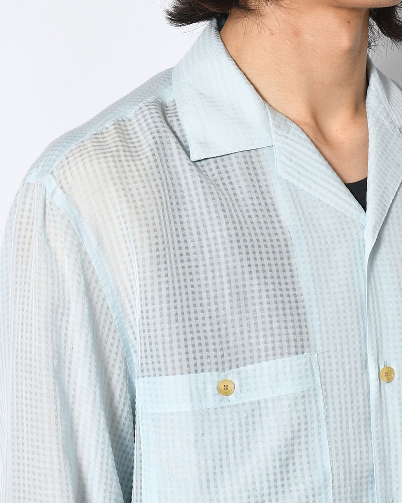 SHEER OPEN COLLAR SHIRTS L/S -Gingham Check Indian fabric- -BLUE-