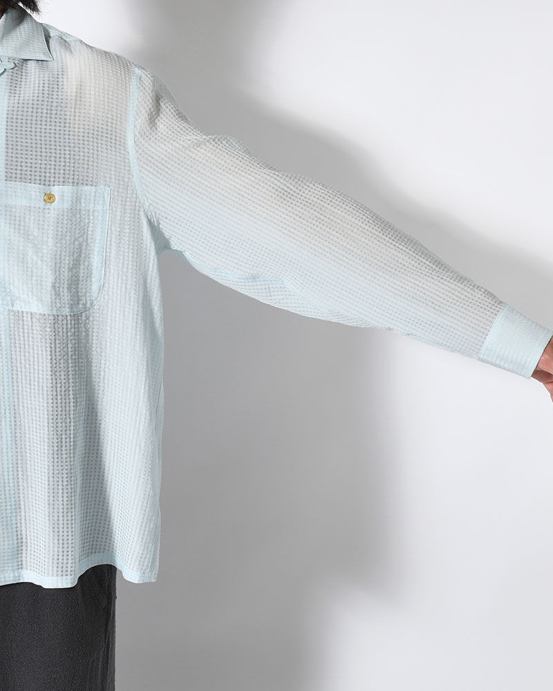 SHEER OPEN COLLAR SHIRTS L/S -Gingham Check Indian fabric- -BLUE-