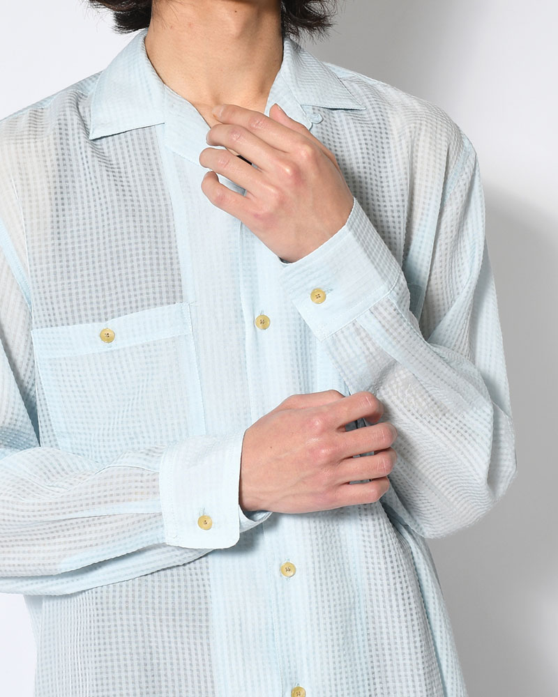 SHEER OPEN COLLAR SHIRTS L/S -Gingham Check Indian fabric- -BLUE-