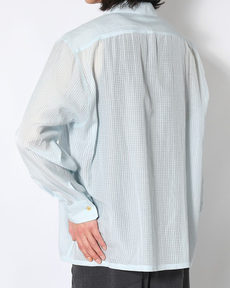 SHEER OPEN COLLAR SHIRTS L/S -Gingham Check Indian fabric- -BLUE-
