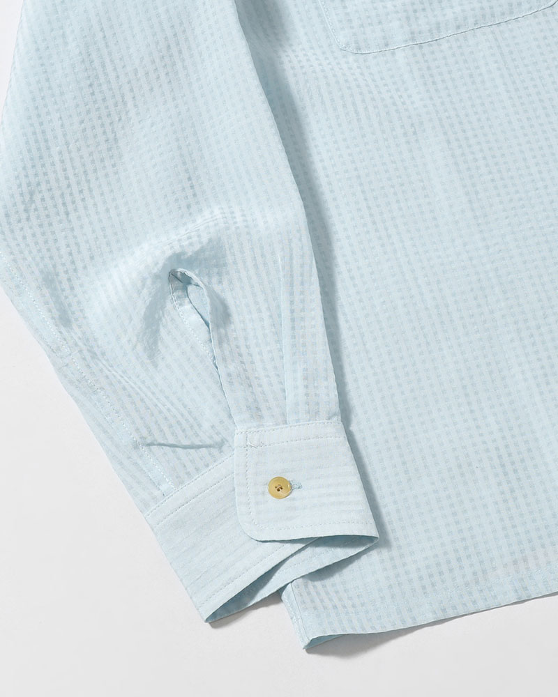 SHEER OPEN COLLAR SHIRTS L/S -Gingham Check Indian fabric- -BLUE-