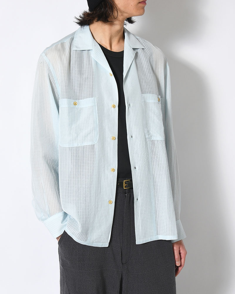 SHEER OPEN COLLAR SHIRTS L/S -Gingham Check Indian fabric- -BLUE-