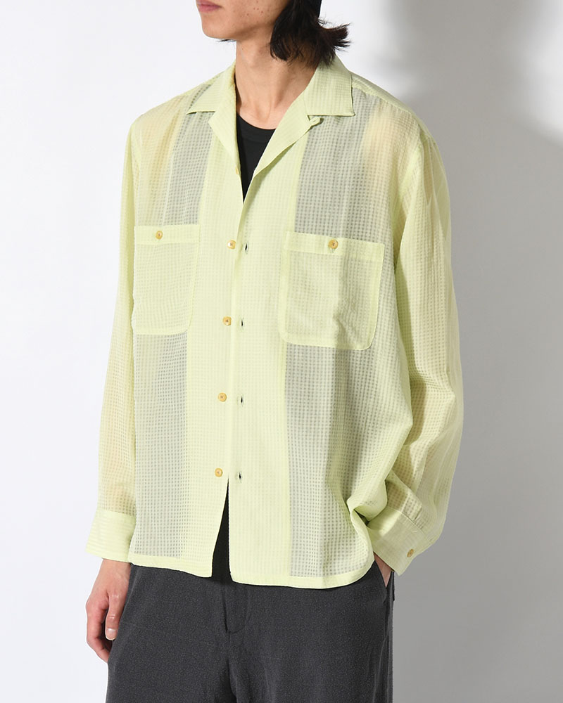 SHEER OPEN COLLAR SHIRTS L/S -Gingham Check Indian fabric- -GREEN-