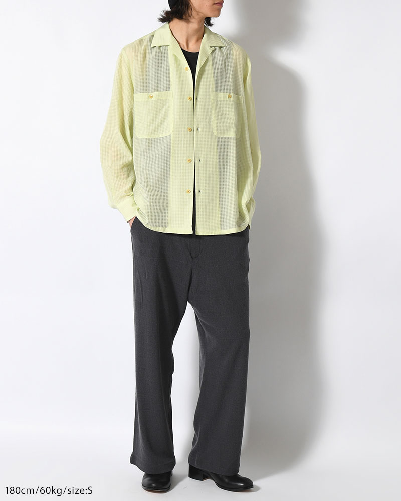 SHEER OPEN COLLAR SHIRTS L/S -Gingham Check Indian fabric- -GREEN-