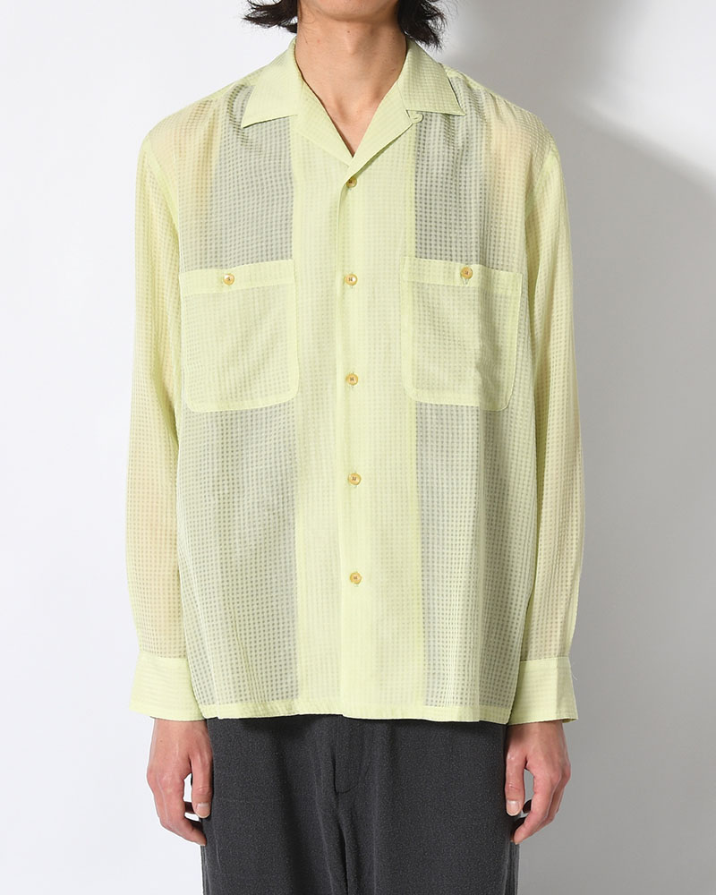 SHEER OPEN COLLAR SHIRTS L/S -Gingham Check Indian fabric- -GREEN-