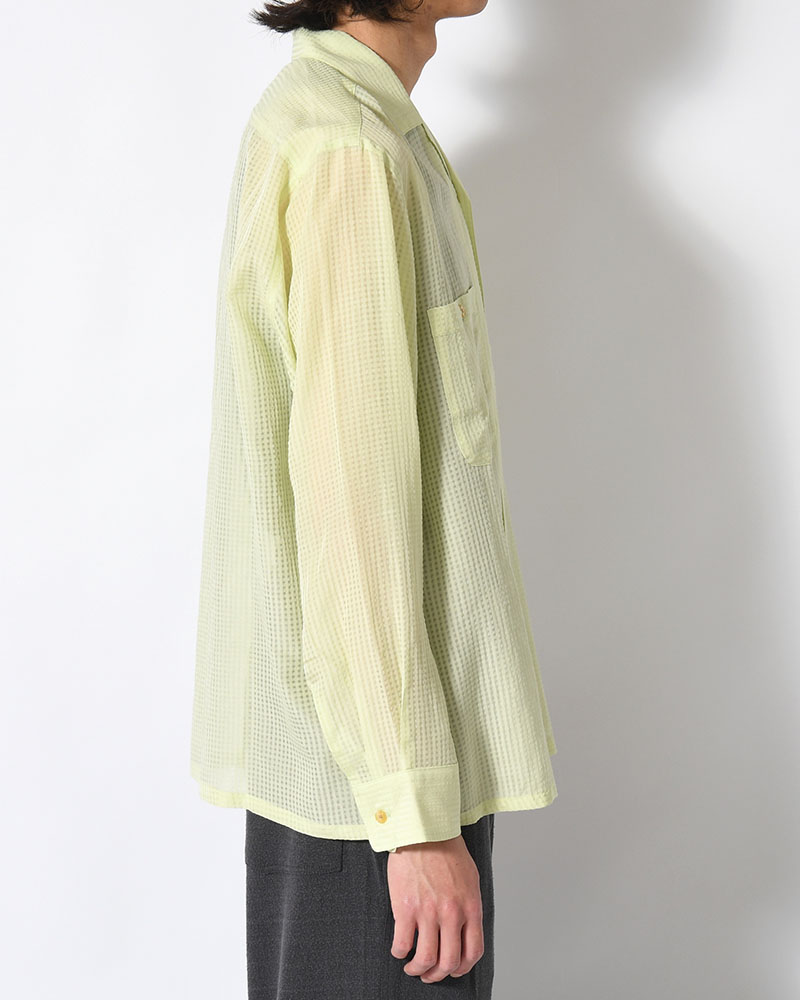 SHEER OPEN COLLAR SHIRTS L/S -Gingham Check Indian fabric- -GREEN-