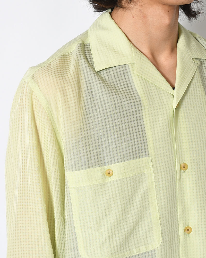 SHEER OPEN COLLAR SHIRTS L/S -Gingham Check Indian fabric- -GREEN-