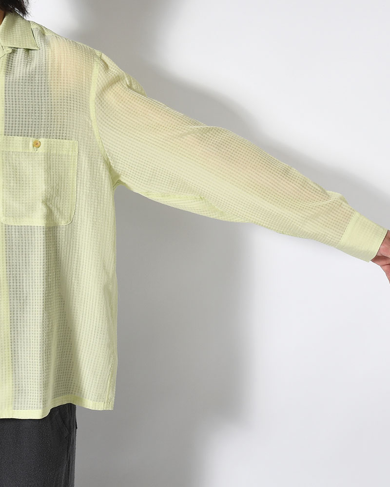 SHEER OPEN COLLAR SHIRTS L/S -Gingham Check Indian fabric- -GREEN-
