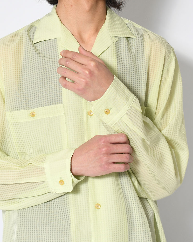 SHEER OPEN COLLAR SHIRTS L/S -Gingham Check Indian fabric- -GREEN-