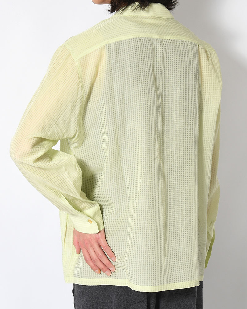 SHEER OPEN COLLAR SHIRTS L/S -Gingham Check Indian fabric- -GREEN-