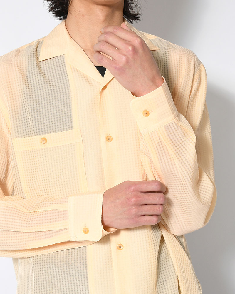 SHEER OPEN COLLAR SHIRTS L/S -Gingham Check Indian fabric- -YELLOW-