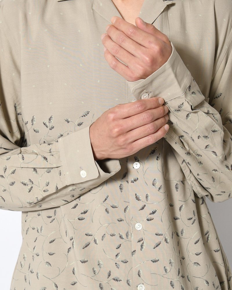 OPEN COLLAR SHIRTS -Botanical print -GRAY KHAKI-