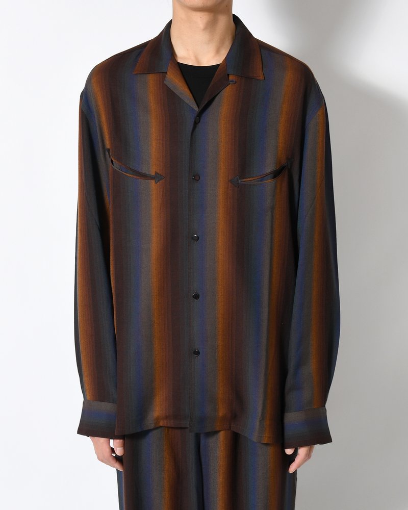 SMILE POCKET OPEN COLLAR SHIRTS -Wool Rayon Gradetion stripe -MULTI STRIPE-
